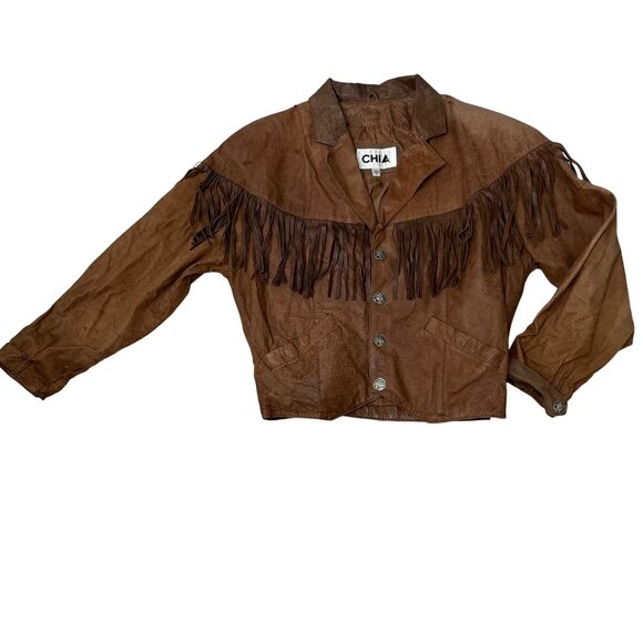 Vintage 1980s Chia Womens Brown Leather Fringe Jacket Indian Head Snap Buttons